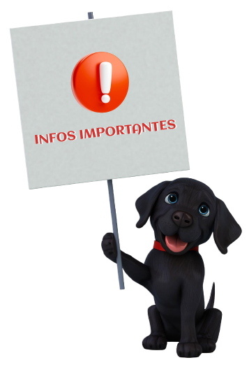 Chien qui tient un panneau infos
