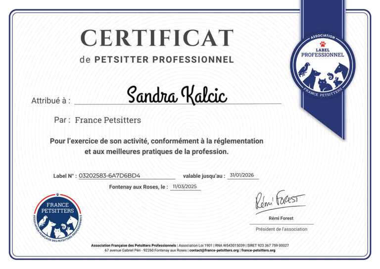 Certificat de Petsitter professionnel